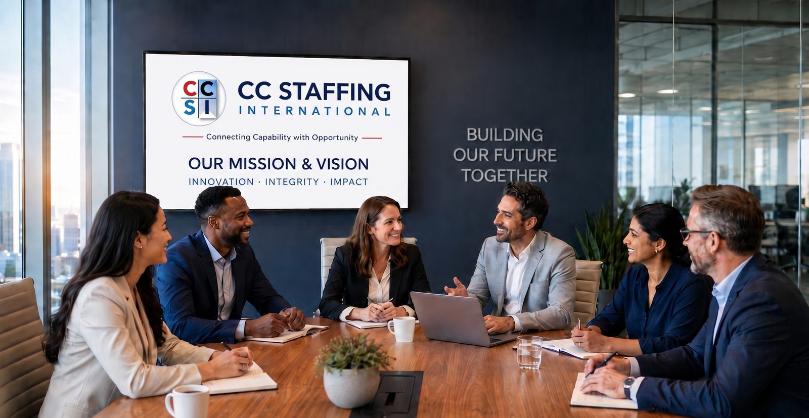 CC Staffing International team discussing mission, vision and recruitment strategy in a modern boardroom