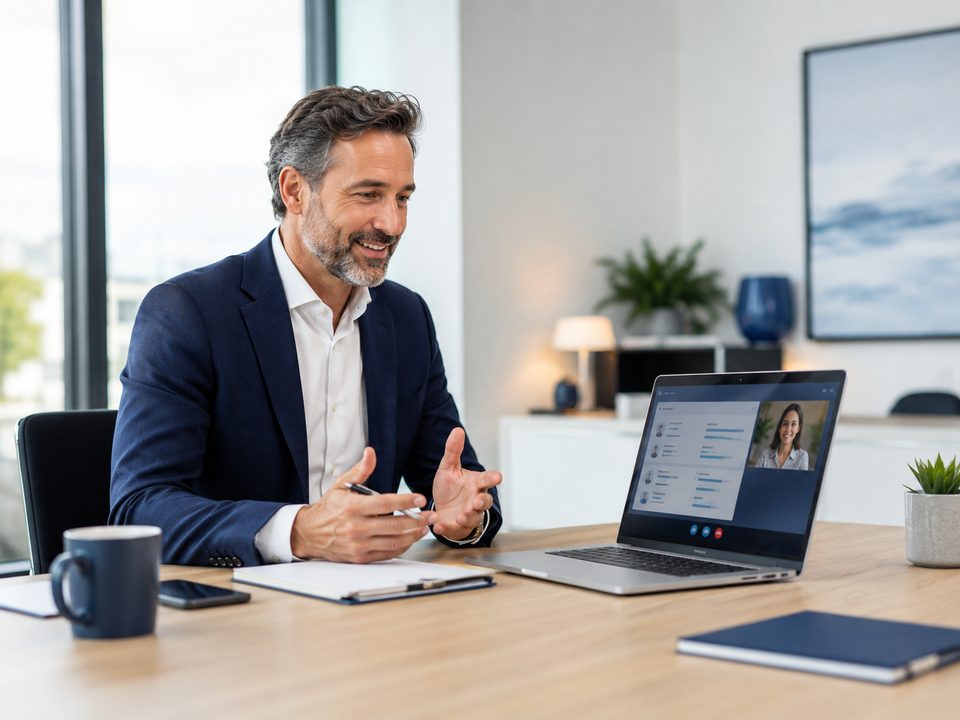 Senior recruitment consultant speaking with a client on a video call