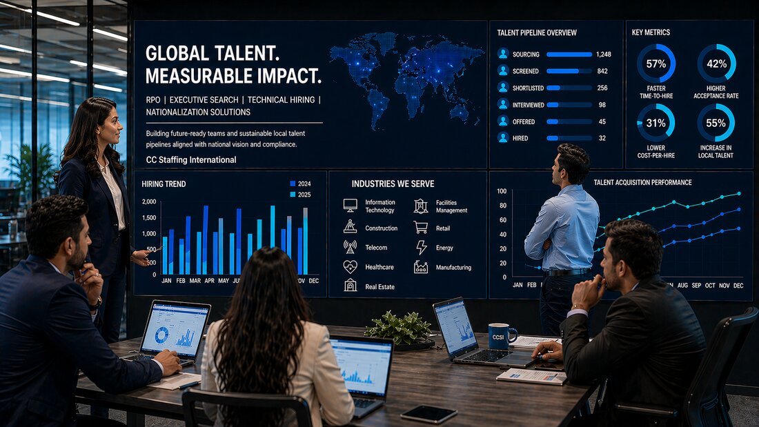 CCSI consultant presenting global talent pipeline data and hiring metrics on a digital dashboard