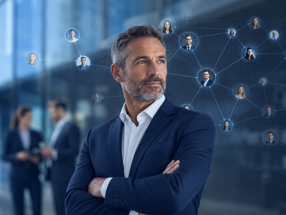 Executive search network illustration — connecting senior leadership candidates across a professional talent map